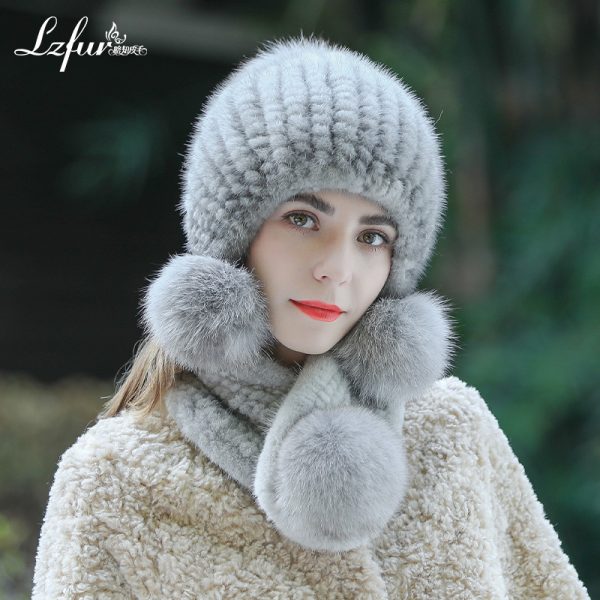 Handwoven Mink Fur Hat & Scarf Set with Fox Fur Pom Poms | Luxury Winter Accessories | Style 2346 - Image 2