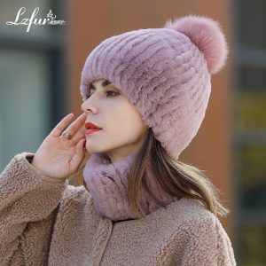 Luxury Rex Rabbit Fur Hat & Scarf Set with Fox Fur Pom - Dense Weave Winter Essentials | Style 2559
