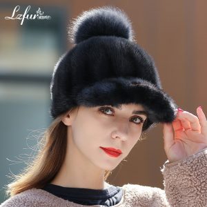 Designer Mink Fur Baseball Cap with Hand-Tied Fox Fur Pom | Adjustable & Lightweight | Style 2756
