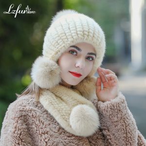 Handwoven Mink Fur Hat & Scarf Set with Fox Fur Pom Poms | Luxury Winter Accessories | Style 2346