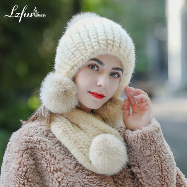 Handwoven Mink Fur Hat & Scarf Set with Fox Fur Pom Poms | Luxury Winter Accessories | Style 2346