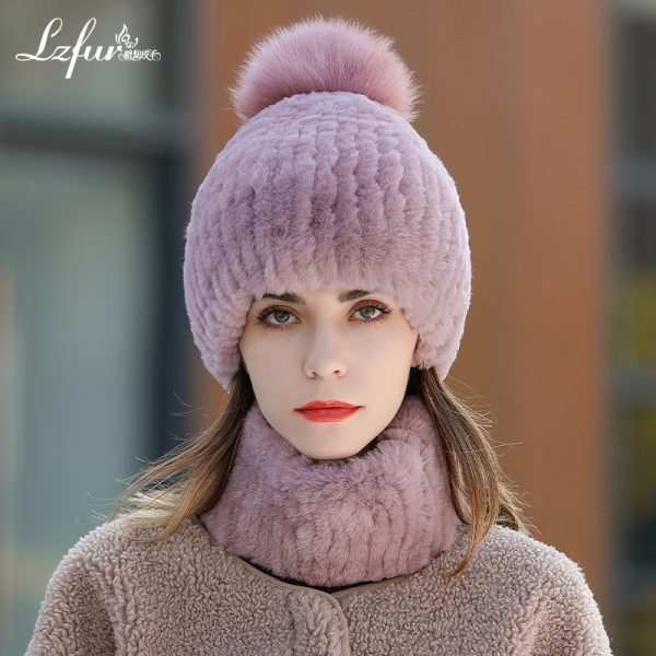 Luxury Rex Rabbit Fur Hat & Scarf Set with Fox Fur Pom - Dense Weave Winter Essentials | Style 2559 - Image 2