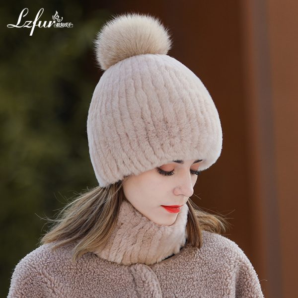 Luxury Rex Rabbit Fur Hat & Scarf Set with Fox Fur Pom - Dense Weave Winter Essentials | Style 2559 - Image 3