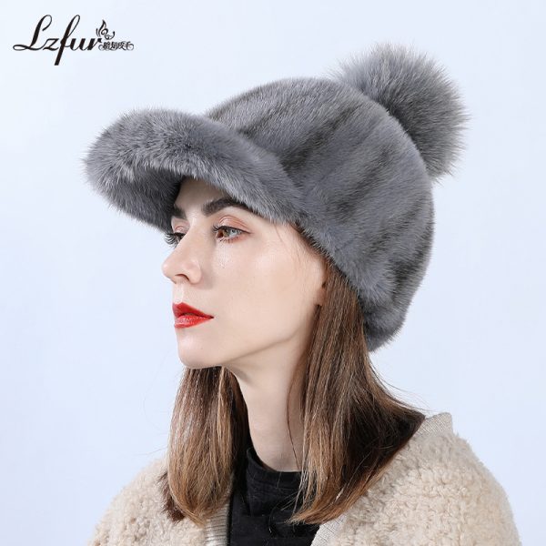 Designer Mink Fur Baseball Cap with Hand-Tied Fox Fur Pom | Adjustable & Lightweight | Style 2756 - Image 3