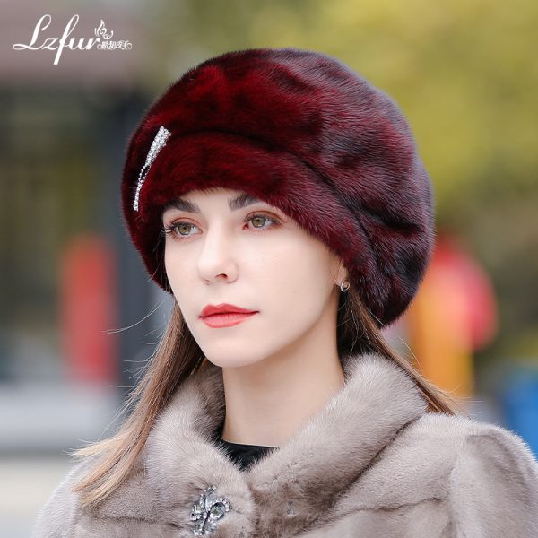 LZFUR Women's Genuine Mink Fur Beret Hat | Ranch Raised Warm Winter Fur Beret with Quilted Lining and Rhinestone Detail#5142 - Image 4