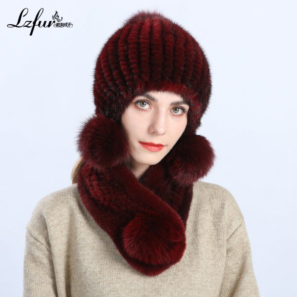 Handwoven Mink Fur Hat & Scarf Set with Fox Fur Pom Poms | Luxury Winter Accessories | Style 2346 - Image 3