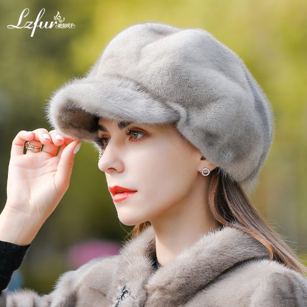 LZFUR Women's Genuine Mink Fur Newsboy Cap | Ranch Raised Warm Winter Fur Hat with Quilted Lining#5141