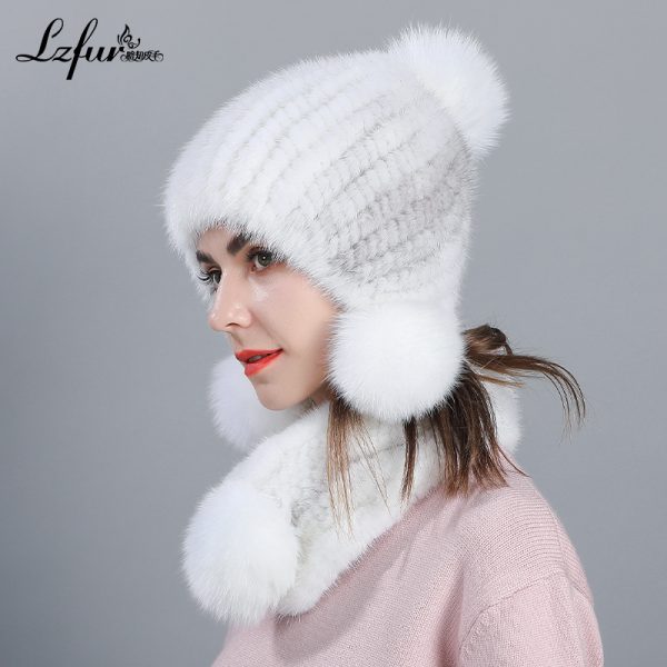 Handwoven Mink Fur Hat & Scarf Set with Fox Fur Pom Poms | Luxury Winter Accessories | Style 2346 - Image 4