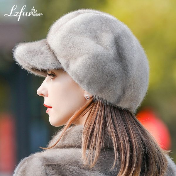 LZFUR Women's Genuine Mink Fur Newsboy Cap | Ranch Raised Warm Winter Fur Hat with Quilted Lining#5141 - Image 2