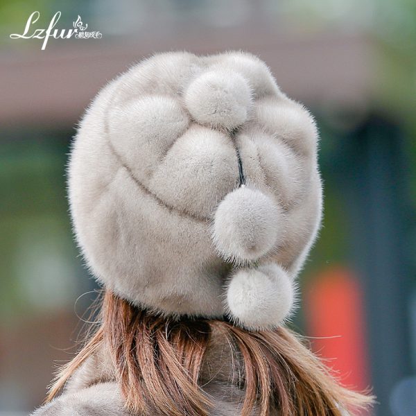 LZFUR Women's Genuine Mink Fur Ear Flap Hat | Ranch Raised Warm Winter Fur Beanie with Petal Design#5146 - Image 2