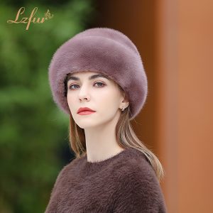 LZFUR Women's Mink Fur Hat | Soft Mauve Tone, Stylish & Warm Winter Fur Roller Hat for Women #2304