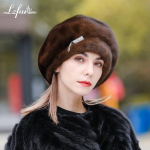 LZFUR Women's Genuine Mink Fur Beret Hat | Ranch Raised Warm Winter Fur Beret with Quilted Lining and Rhinestone Detail#5142