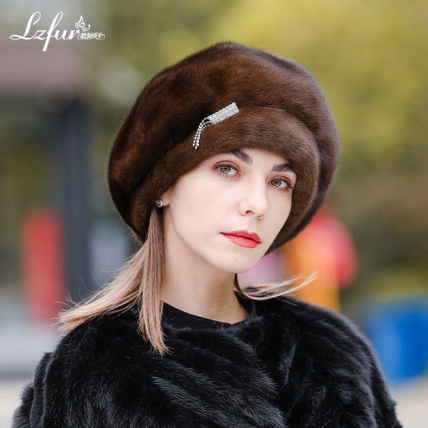 LZFUR Women's Genuine Mink Fur Beret Hat | Ranch Raised Warm Winter Fur Beret with Quilted Lining and Rhinestone Detail#5142