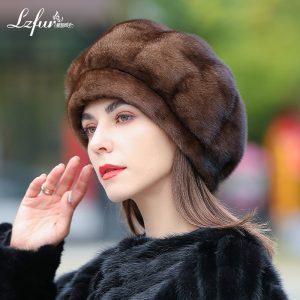 LZFUR Women's Genuine Mink Fur Beret Hat | Ranch Raised Warm Winter Fur Beanie with Quilted Linin#5145