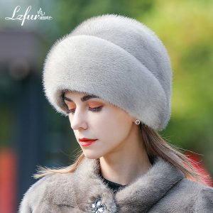 LZFUR Women's Genuine Mink Fur Circular Layered Hat | Ranch Raised Warm Winter Fur Beanie with Fur Ball Accent#5144