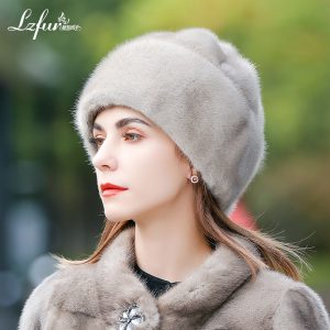LZFUR Women's Genuine Mink Fur Ear Flap Hat | Ranch Raised Warm Winter Fur Beanie with Petal Design#5146