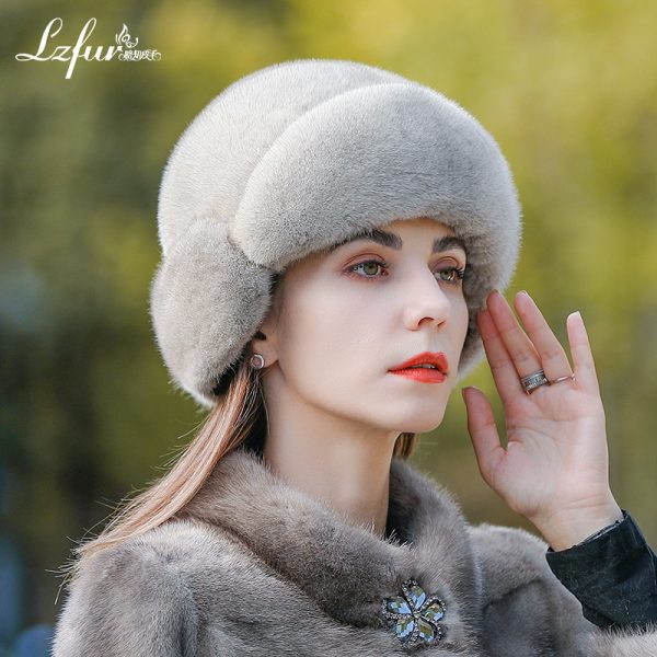 LZFUR Women's Genuine Mink Fur Trapper Hat | Ranch Raised Warm Winter Fur Beanie with Quilted Lining#5140 - Image 4