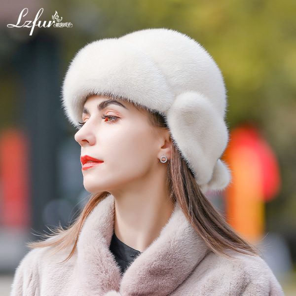 LZFUR Women's Genuine Mink Fur Trapper Hat | Ranch Raised Warm Winter Fur Beanie with Quilted Lining#5140 - Image 5