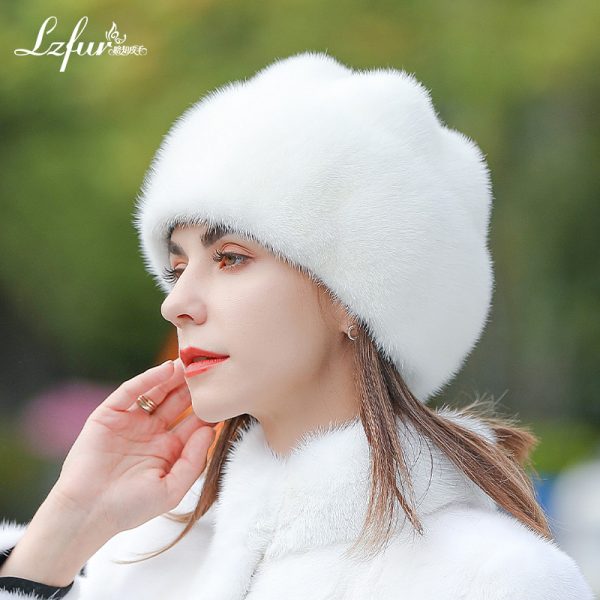 LZFUR Women's Genuine Mink Fur Ear Flap Hat | Ranch Raised Warm Winter Fur Beanie with Petal Design#5146 - Image 6