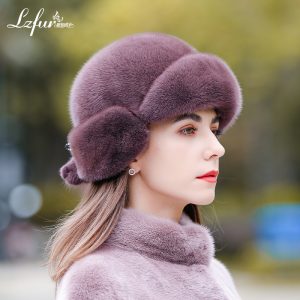 LZFUR Women's Genuine Mink Fur Trapper Hat | Ranch Raised Warm Winter Fur Beanie with Quilted Lining#5140