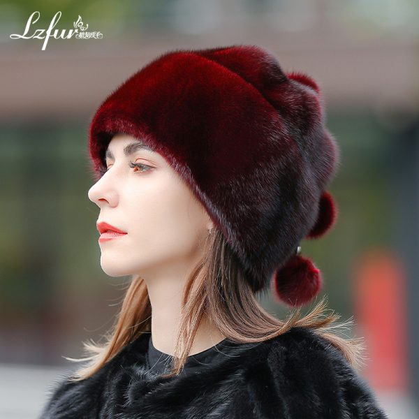 LZFUR Women's Genuine Mink Fur Ear Flap Hat | Ranch Raised Warm Winter Fur Beanie with Petal Design#5146 - Image 4