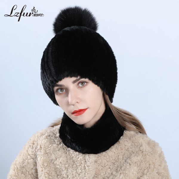 Luxury Rex Rabbit Fur Hat & Scarf Set with Fox Fur Pom - Dense Weave Winter Essentials | Style 2559 - Image 4