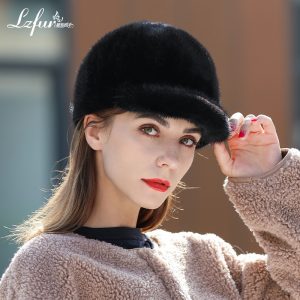 LZFUR Women's Genuine Mink Fur Baseball Cap | Warm Winter Fur Hat with Quilted Lining, Ranch-Raised Mink#2308