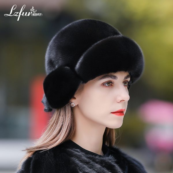 LZFUR Women's Genuine Mink Fur Trapper Hat | Ranch Raised Warm Winter Fur Beanie with Quilted Lining#5140 - Image 3