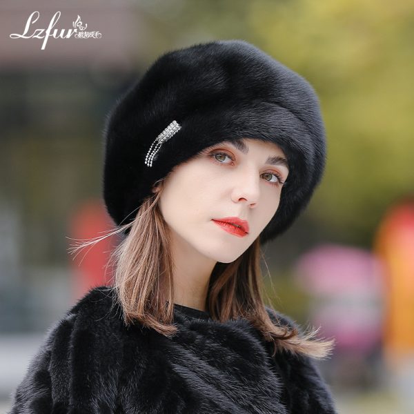 LZFUR Women's Genuine Mink Fur Beret Hat | Ranch Raised Warm Winter Fur Beret with Quilted Lining and Rhinestone Detail#5142 - Image 2