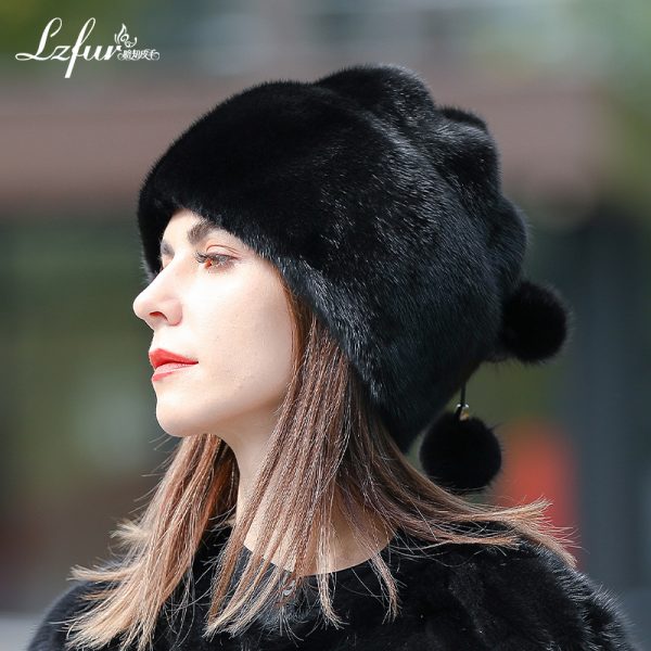 LZFUR Women's Genuine Mink Fur Ear Flap Hat | Ranch Raised Warm Winter Fur Beanie with Petal Design#5146 - Image 5