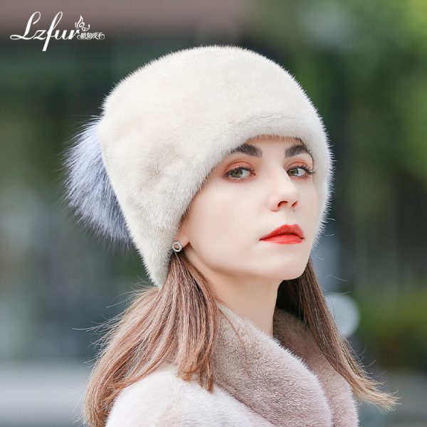 Authentic Whole-Skin Real Mink Fur Beanie hat with Fox Fur Pom-Pom | Luxurious Lightweight Winter Headwear for Women | LZFUR #5154 - Image 3