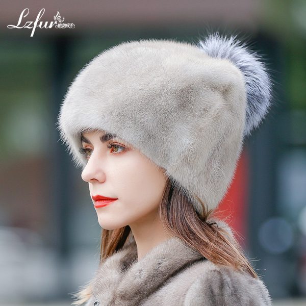 Authentic Whole-Skin Real Mink Fur Beanie hat with Fox Fur Pom-Pom | Luxurious Lightweight Winter Headwear for Women | LZFUR #5154 - Image 2