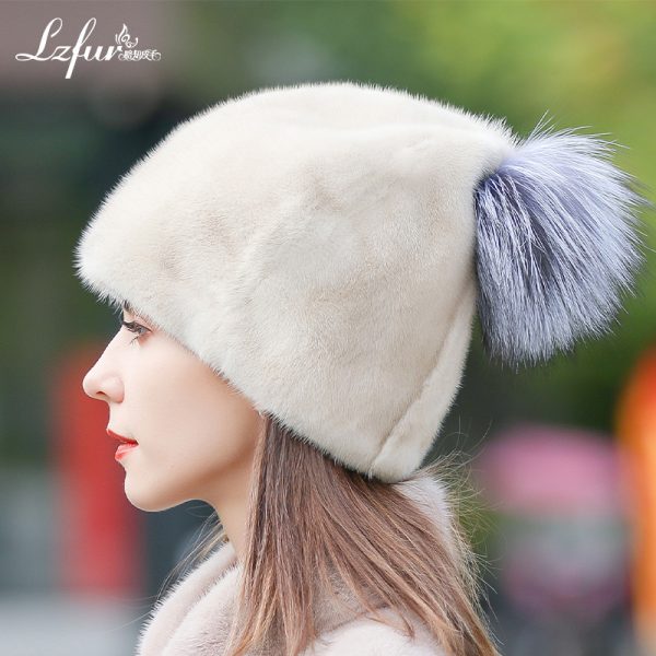 Authentic Whole-Skin Real Mink Fur Beanie hat with Fox Fur Pom-Pom | Luxurious Lightweight Winter Headwear for Women | LZFUR #5154 - Image 4