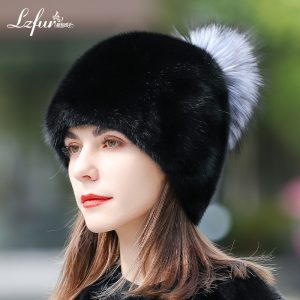 Authentic Whole-Skin Real Mink Fur Beanie hat with Fox Fur Pom-Pom | Luxurious Lightweight Winter Headwear for Women | LZFUR #5154